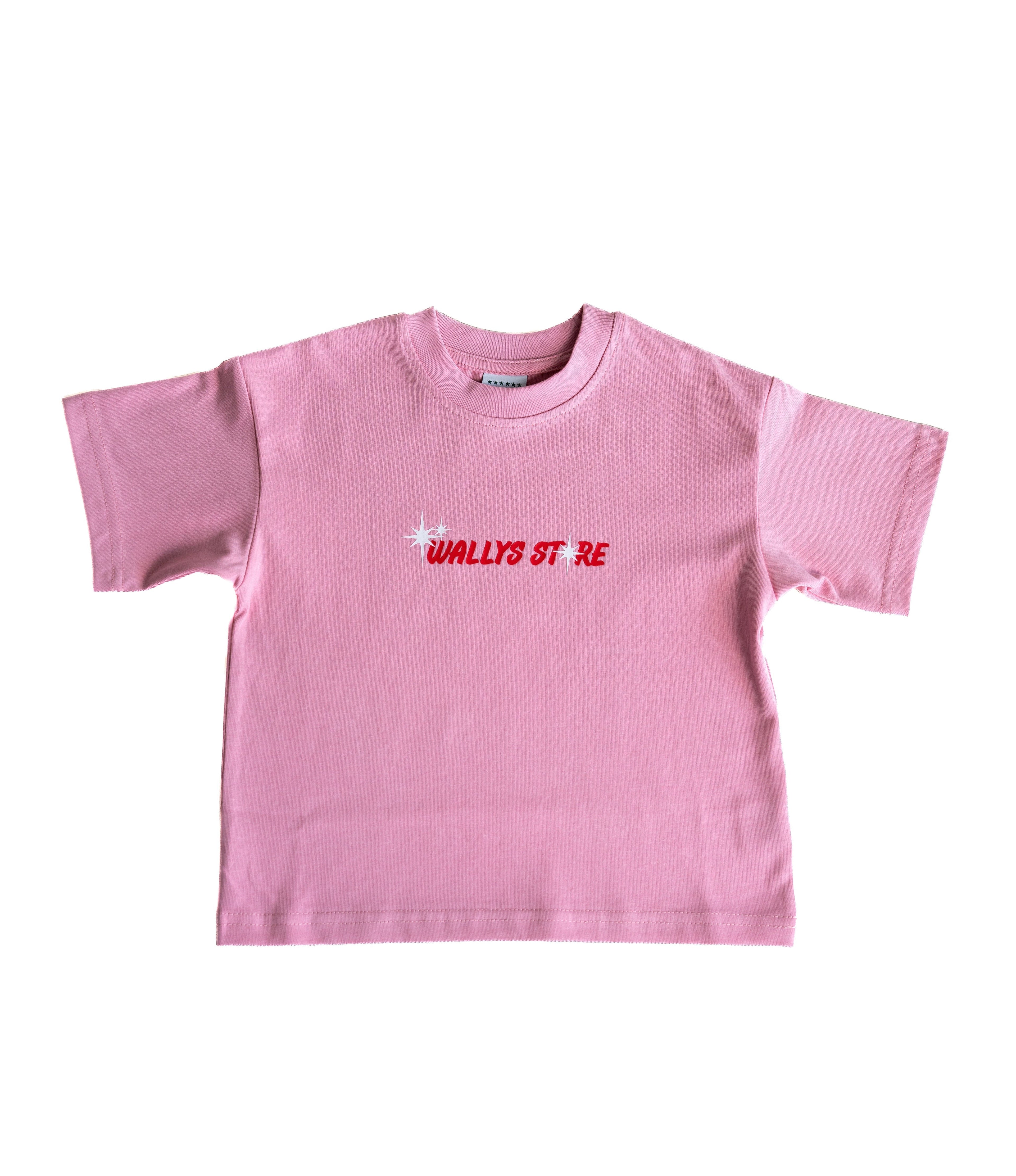 A pink short-sleeve crewneck t-shirt with 'WALLIS ST RE' printed in red across the chest, accompanied by a small white star graphic, shown against a plain white background.